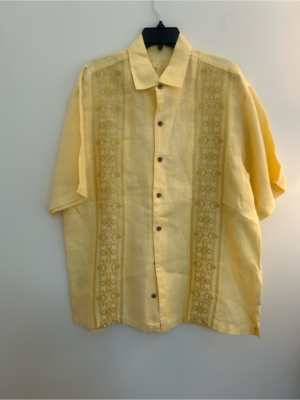 Tommy Bahama Mens Large 100% Linen Embroidered Camp Shirt Yellow Tropical Aloha